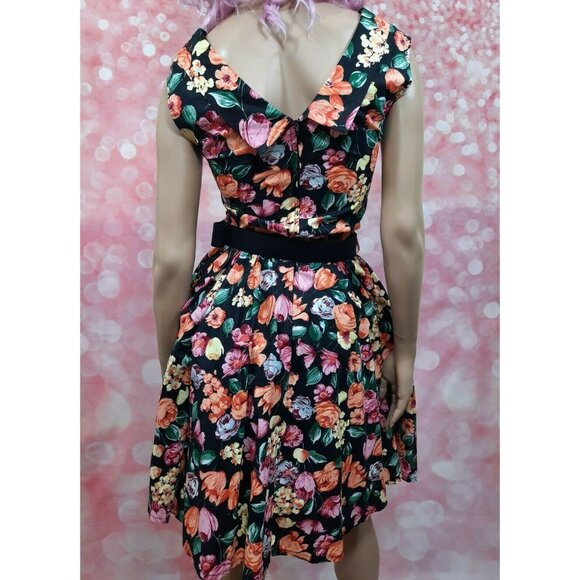 Vintage 80s Belted Floral Dress Prom Party S Retro 50s Sleeveless Crinoline - Picture 2 of 13